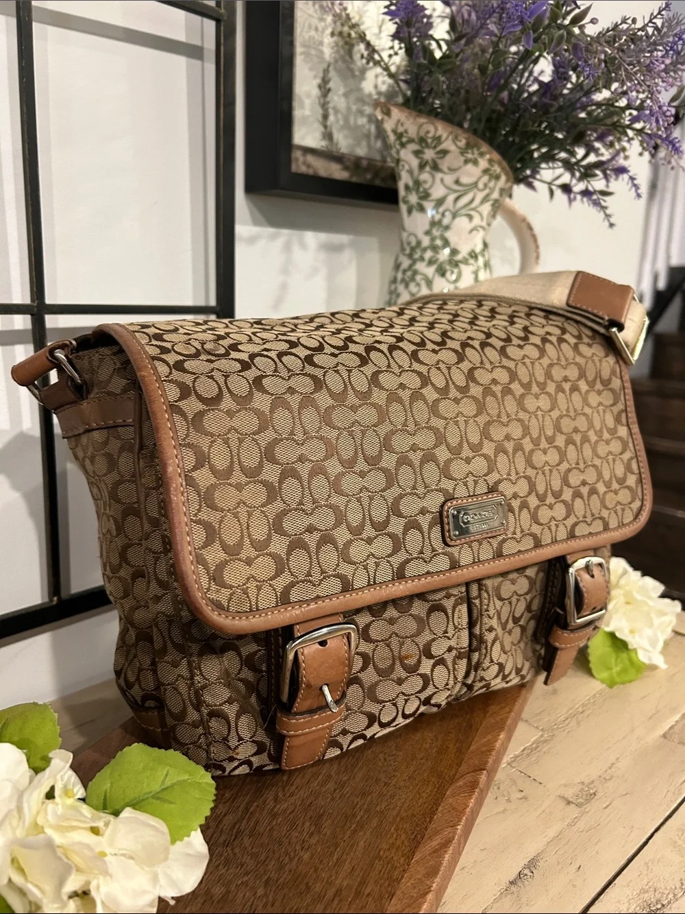 Coach Tan and Brown Signature Canvas Messenger Bag